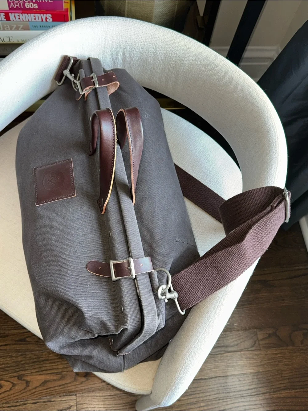 Gray Canvas Weekender Bag with Brown Leather Trim